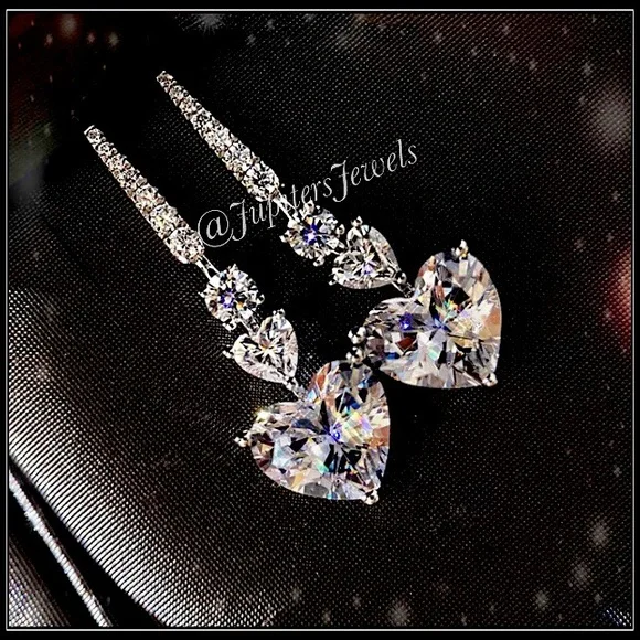 NEW WHITE GOLD DOUBLE HEART SIMULATED DIAMOND DROP EARRINGS - Picture 7 of 7